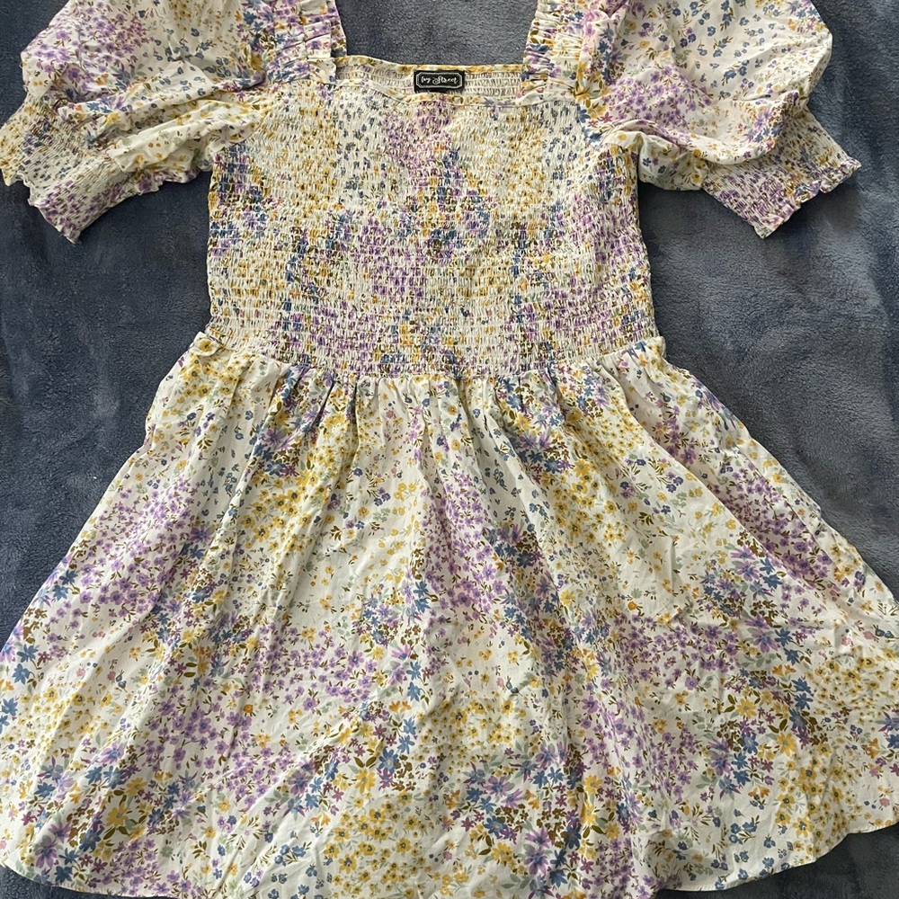 Yellow and Purple Smocked Midi Sundress with Puff Sleeves